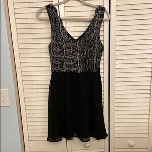 Three Hearts Black Mini Dress with Silver Geometric Design